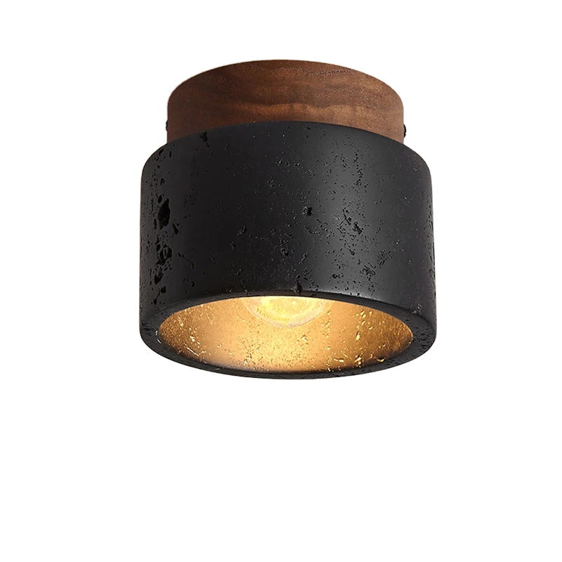 Postmodern Black Travertine LED Ceiling Light – Wood Finish Downlight for Balcony, Living Room & Hotel