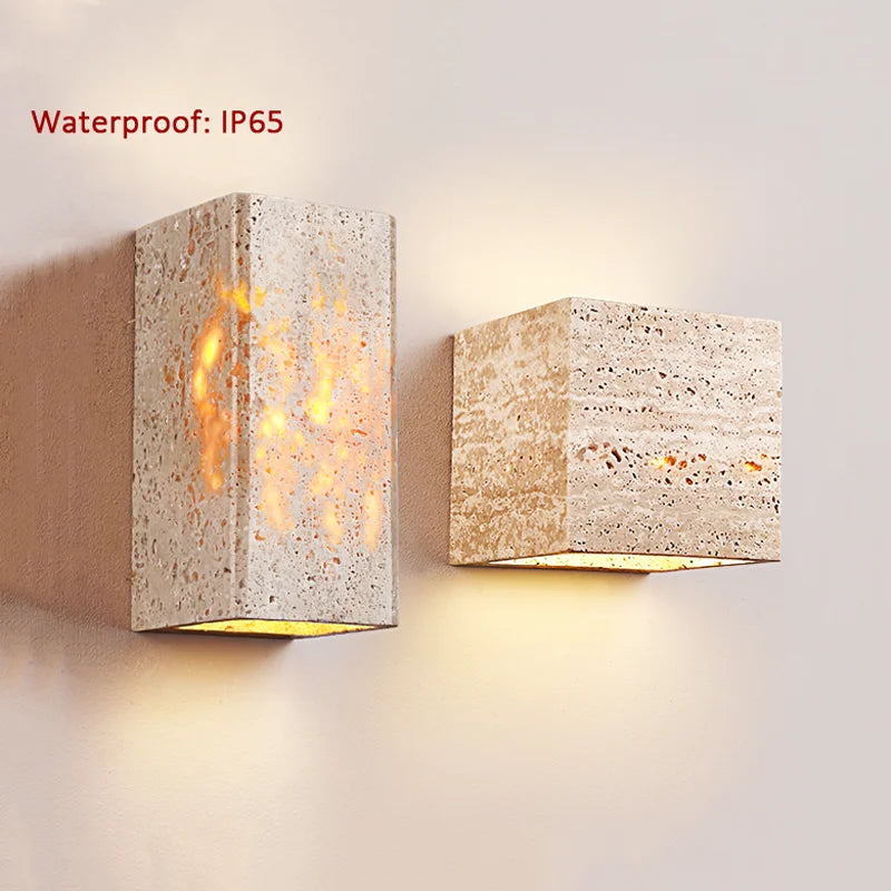Wabi Sabi Travertine Wall Light – Outdoor Stone Sconce for Villa, Garden & Bedroom