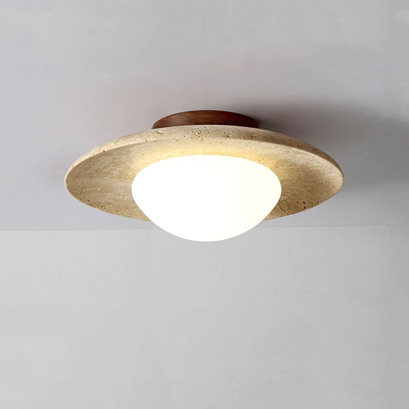 Wabi Sabi Yellow Travertine Ceiling Light – Disc-Shaped Stone Lamp for Home, Hotel & Balcony