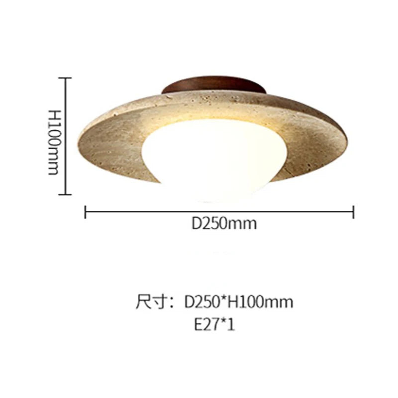 Wabi Sabi Yellow Travertine Ceiling Light – Disc-Shaped Stone Lamp for Home, Hotel & Balcony