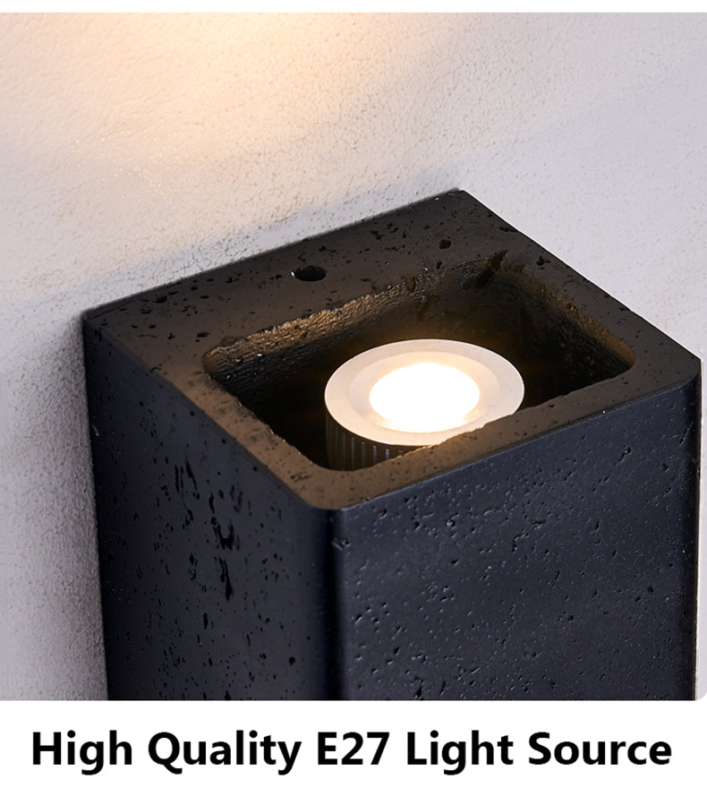 Wabi Sabi Modern LED Wall Lamp – Black Square Travertine Sconce for Home & Bedroom