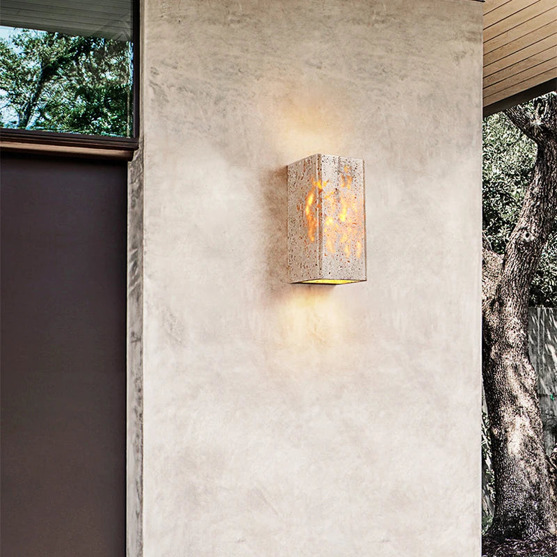 Wabi Sabi Travertine Outdoor Stone Wall Lamp Waterproof LED Light Sconce for Doorway Corridor & Bedroom Decor