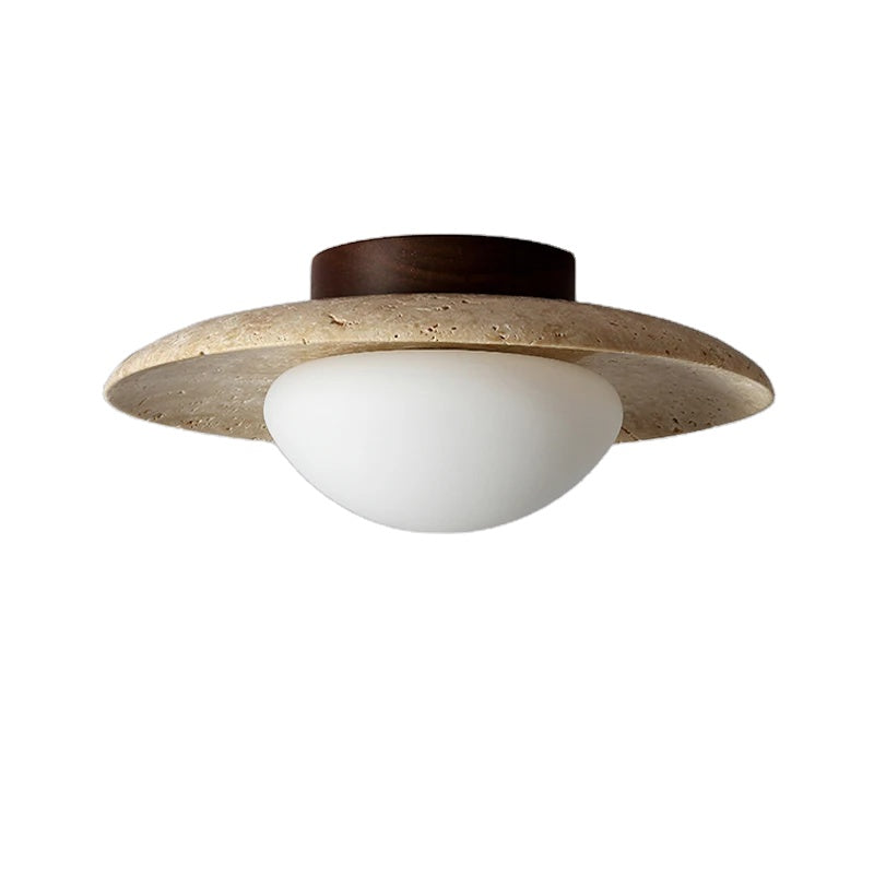 Wabi Sabi Yellow Travertine Ceiling Light – Disc-Shaped Stone Lamp for Home, Hotel & Balcony