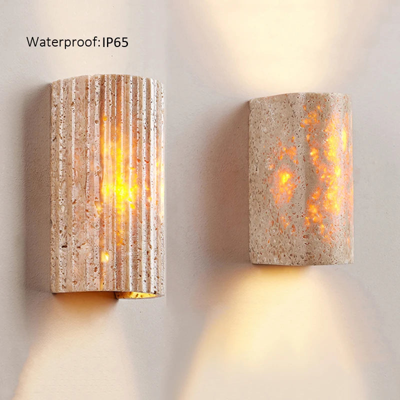 Wabi Sabi Travertine Outdoor Wall Lamp – LED Stone Decor for Villa, Courtyard & Balcony