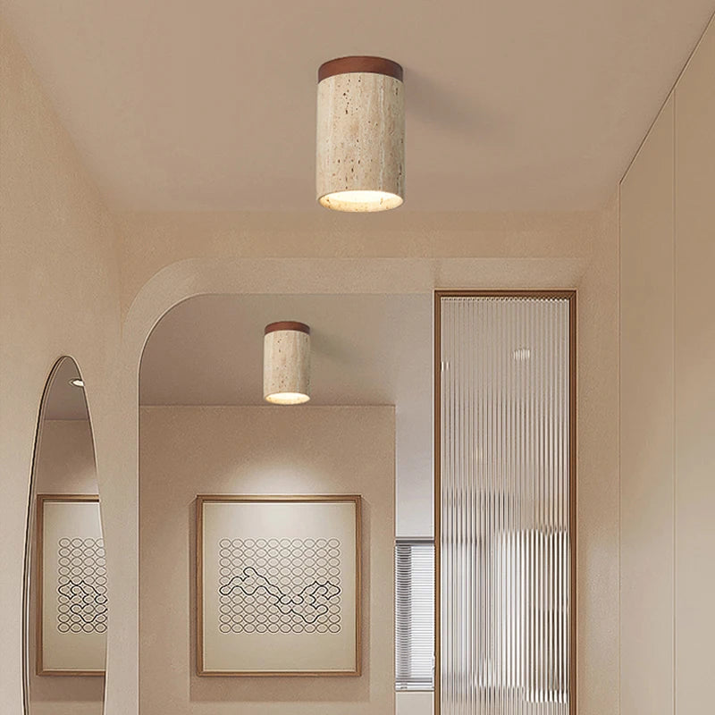 Wabi Sabi Yellow Marble LED Downlight – Travertine Stone Ceiling Lamp for Foyer, Corridor & Hotel