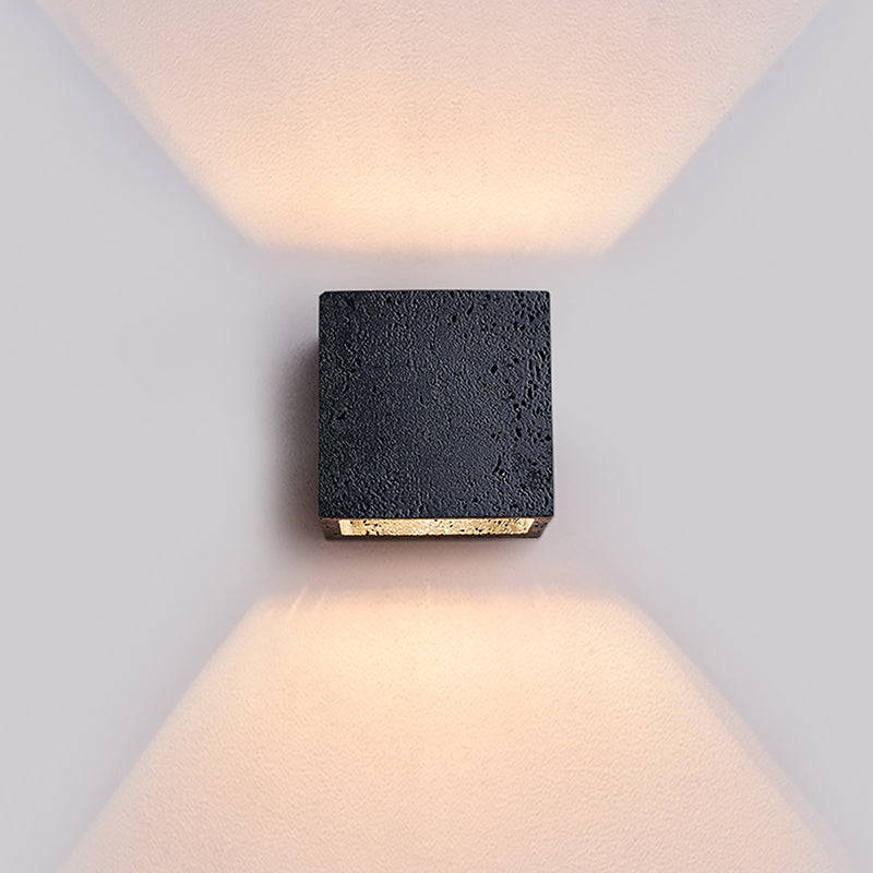 Black Square Travertine LED Wall Lamp – Wabi Sabi Stone Shade for Bedroom & Living Room