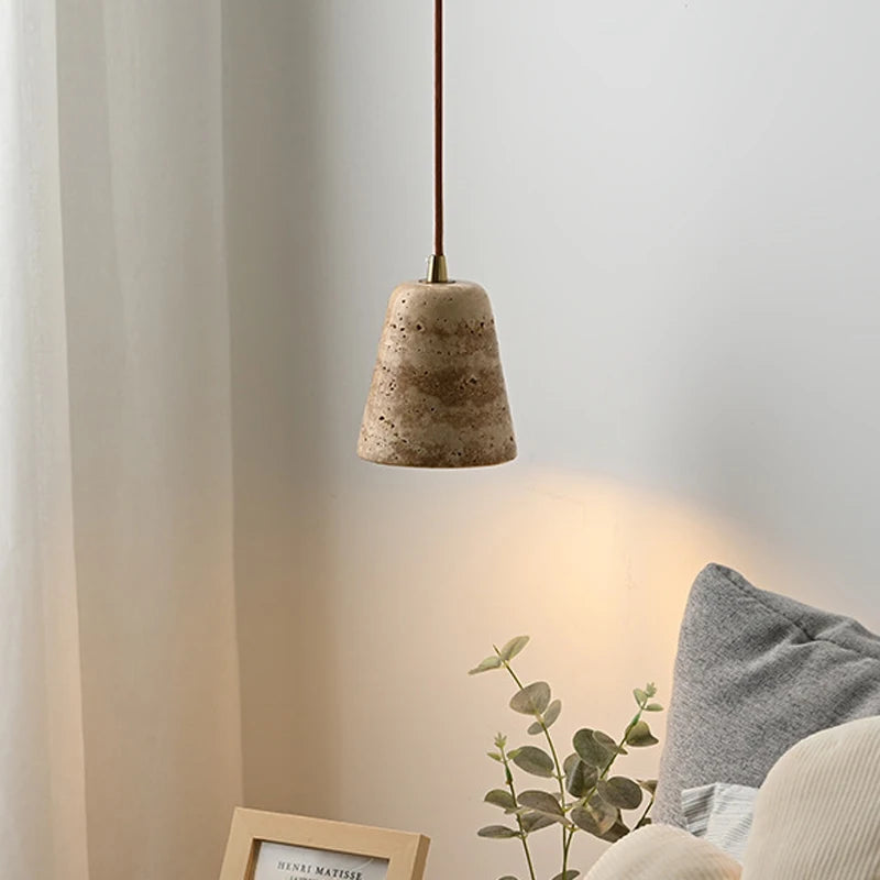 Nordic Wabi Sabi Yellow Marble Pendant Lamp – Travertine Stone Droplight for Home, Hotel & Villa