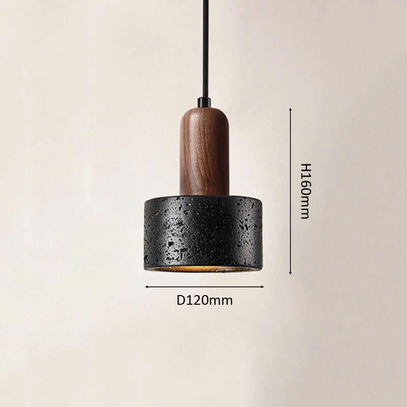 Pendant light with wooden top and black concrete base, shown with dimensions on a beige background.