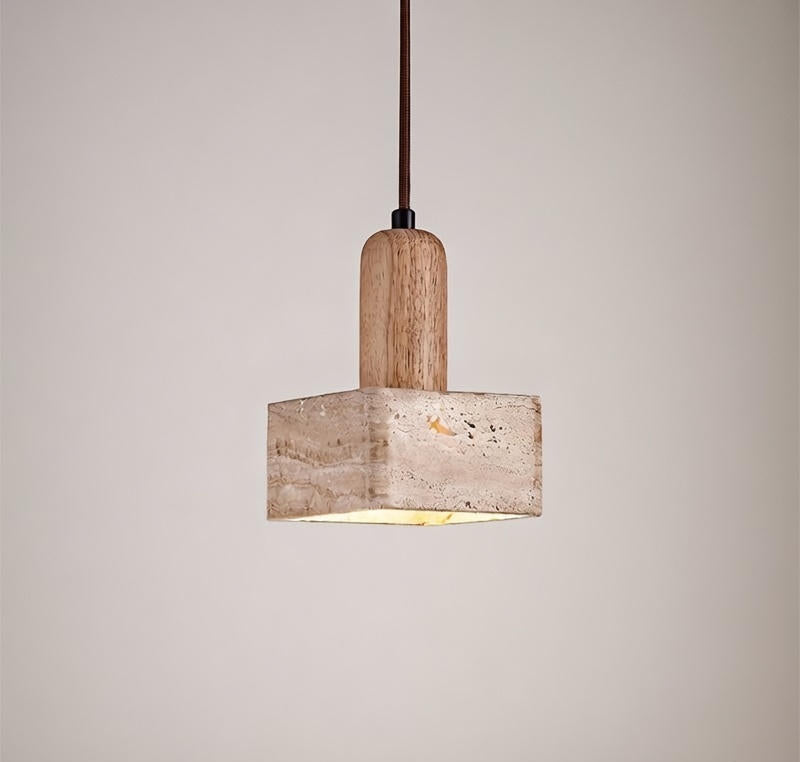 Pendant light with wooden and stone design on a plain background