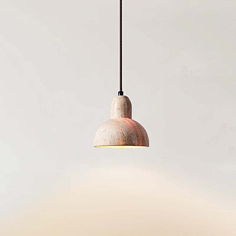 Scandinavian Wabi Sabi pendant light with textured stone design on a neutral gradient background