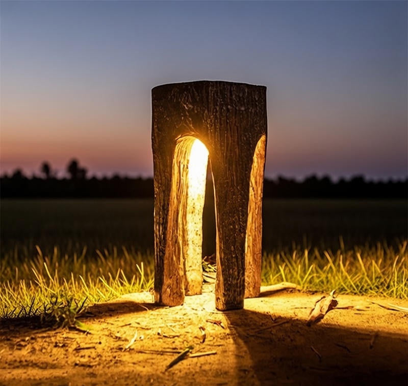 Wooden lantern glowing in a field at night