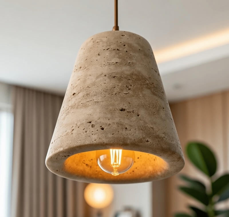 Concrete pendant light with a visible bulb in a room setting