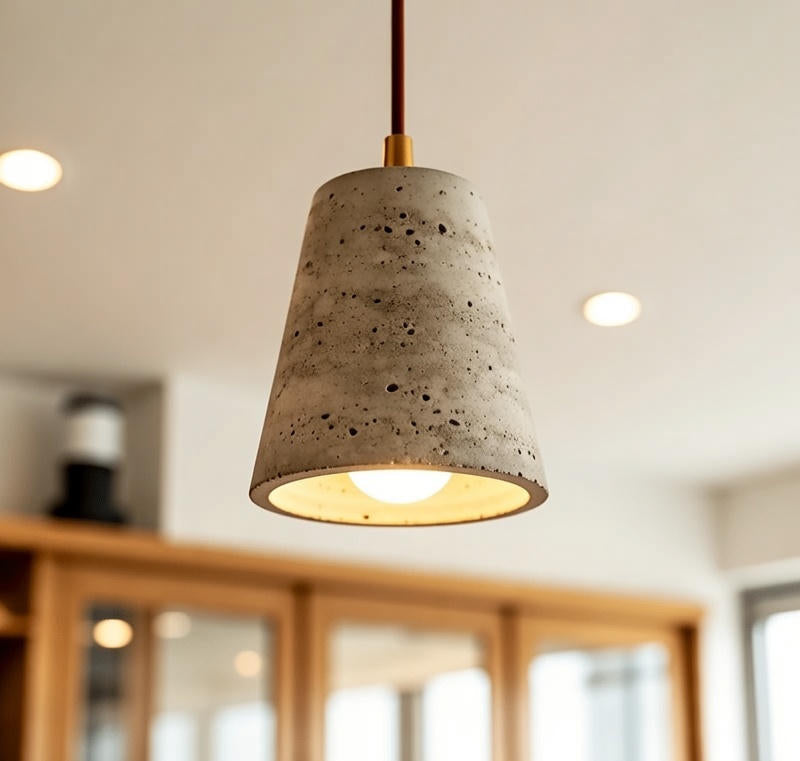 Concrete pendant light hanging in a room with wooden furniture and neutral walls.